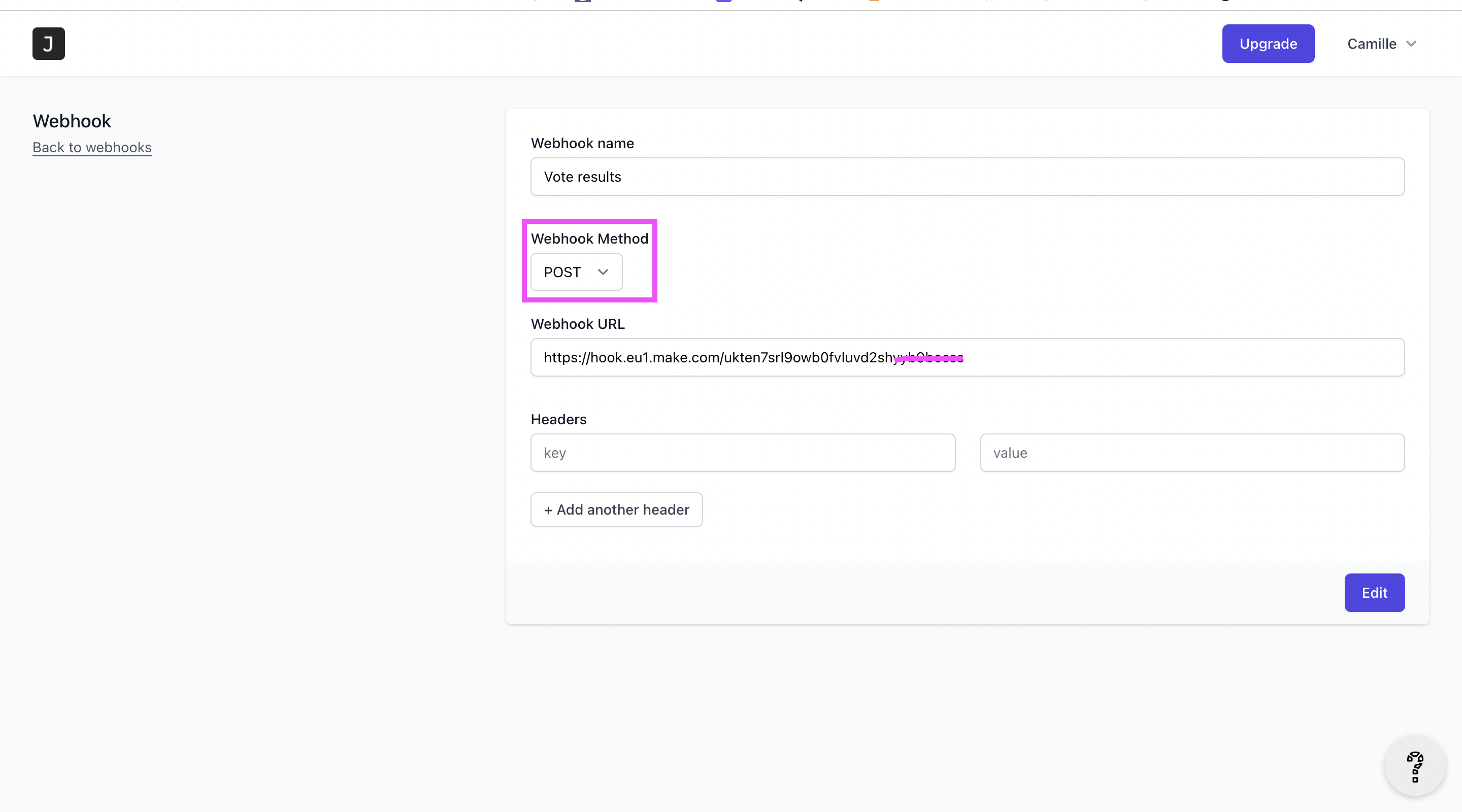 Click on the Create webhook button in Joonbot, name your webhook, choose POST as webhook method