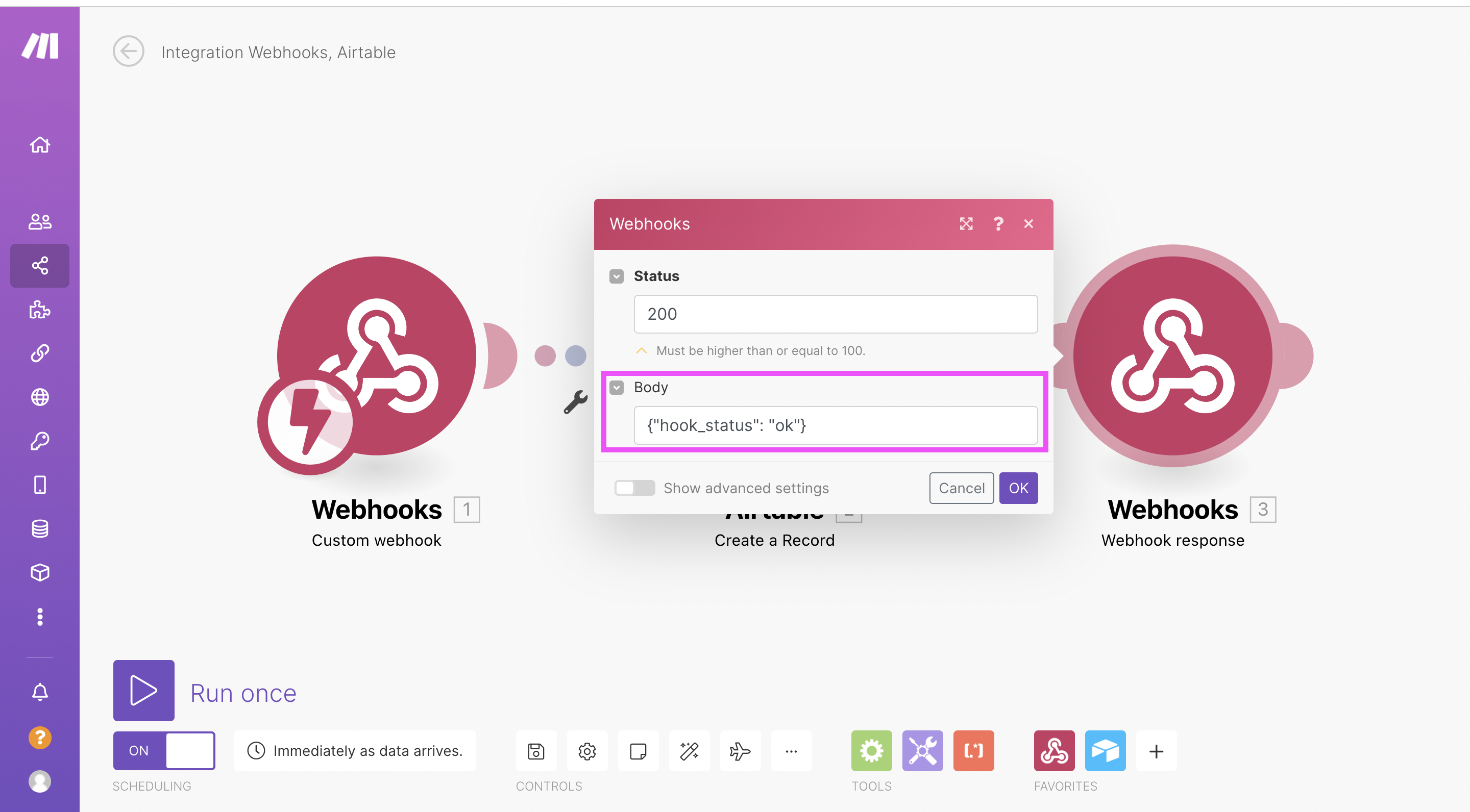 Add a new action into your Integromat / Make scenario: the Webhook response.